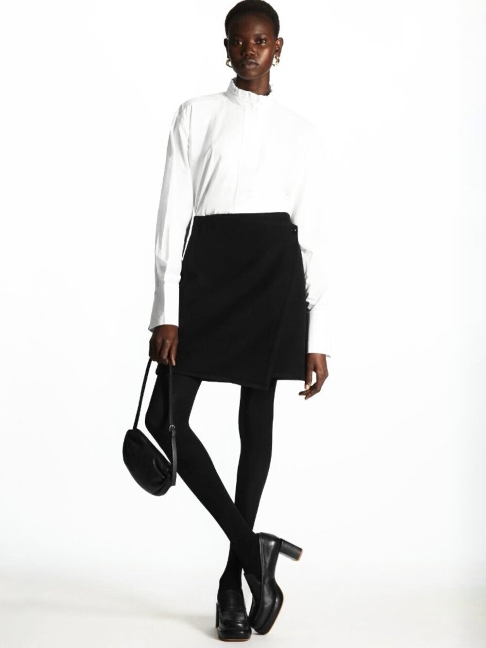 COS Black Wool Lyocell Blend Felt Front Button Mini A-Line Wrap Skirt, Size 34